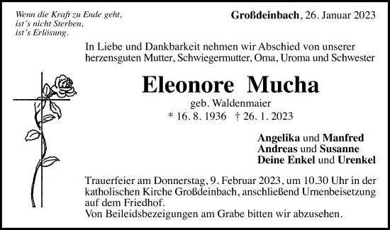 Traueranzeige von Eleonore Mucha von Gmünder Tagespost