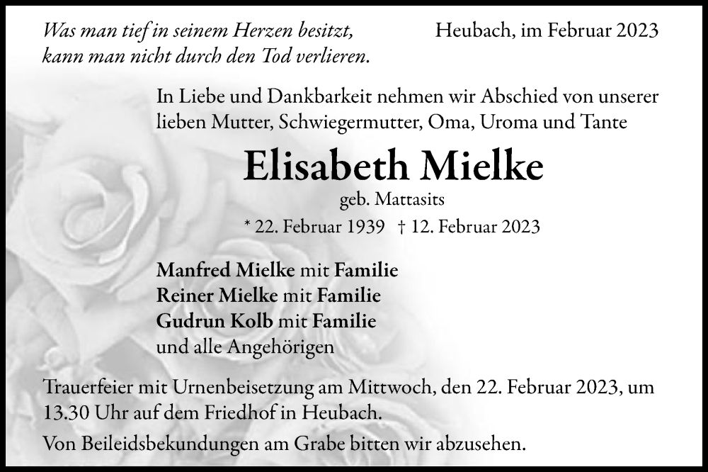  Traueranzeige für Elisabeth Mielke vom 20.02.2023 aus Gmünder Tagespost