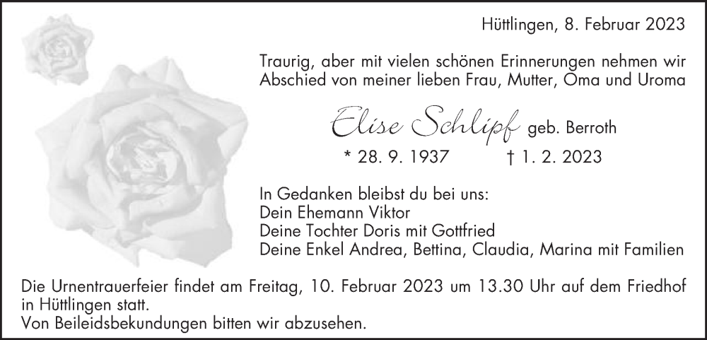  Traueranzeige für Elise Schlipf vom 08.02.2023 aus Schwäbische Post