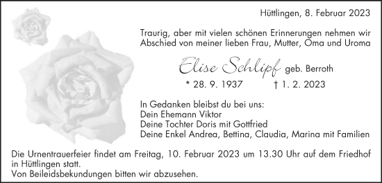 Traueranzeige von Elise Schlipf von Schwäbische Post
