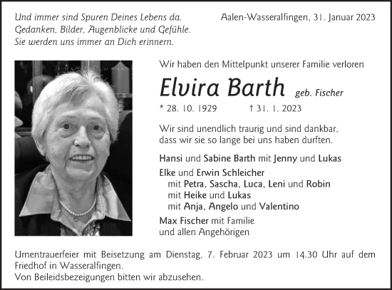 Traueranzeige von Elvira Barth von Schwäbische Post