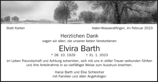 Traueranzeige von Elvira Barth von Schwäbische Post