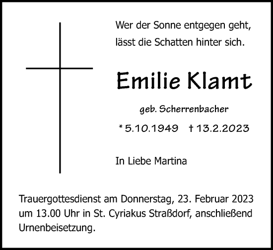 Traueranzeige von Emilie Klamt von Gmünder Tagespost