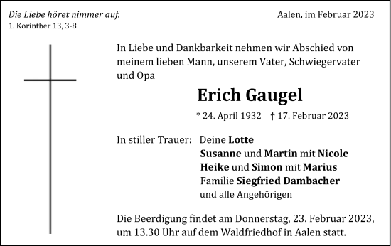 Traueranzeige von Erich Gaugel von Schwäbische Post