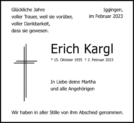 Traueranzeige von Erich Kargl von Gmünder Tagespost