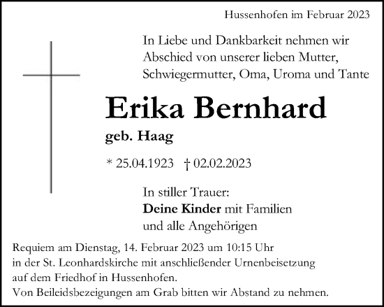 Traueranzeige von Erika Bernhard von Gmünder Tagespost