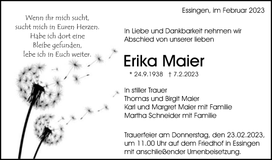 Traueranzeige von Erika Maier von Schwäbische Post