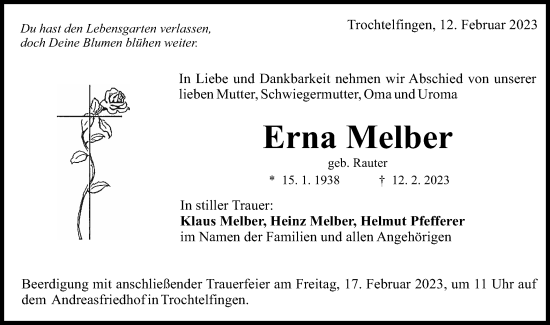 Traueranzeige von Erna Melber von Schwäbische Post