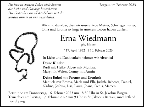 Traueranzeige von Erna Wiedmann von Gmünder Tagespost