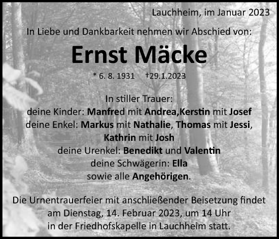 Traueranzeige von Ernst Mäcke von Schwäbische Post