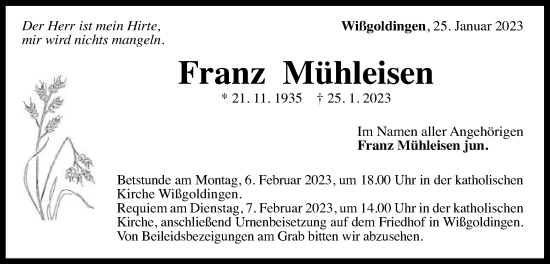 Traueranzeige von Franz Mühleisen von Gmünder Tagespost