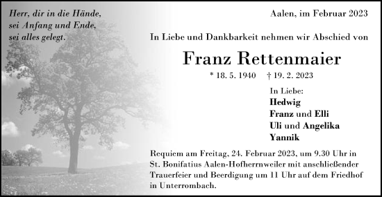 Traueranzeige von Franz Rettenmaier von Schwäbische Post