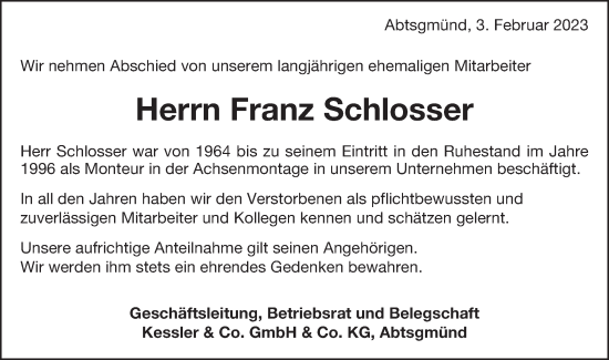 Traueranzeige von Franz Schlosser von Schwäbische Post