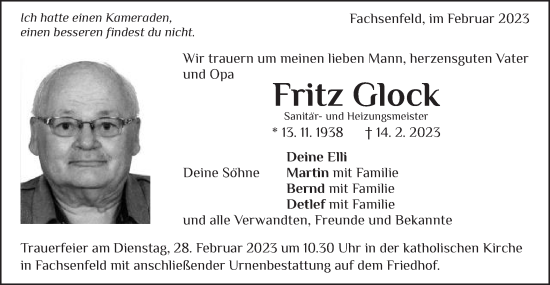 Traueranzeige von Fritz Glock von Schwäbische Post