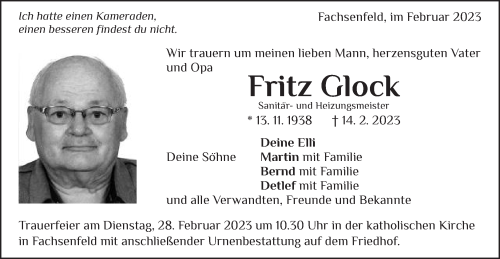  Traueranzeige für Fritz Glock vom 25.02.2023 aus Schwäbische Post