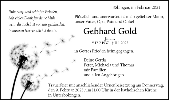 Traueranzeige von Gebhard Gold von Gmünder Tagespost