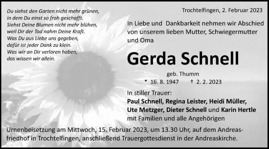 Traueranzeige von Gerda Schnell von Schwäbische Post