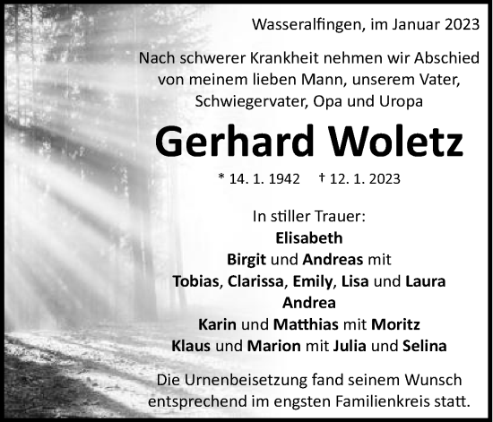 Traueranzeige von Gerhard Woletz von Schwäbische Post