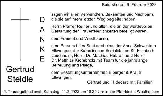 Traueranzeige von Gertrud Steidle von Schwäbische Post