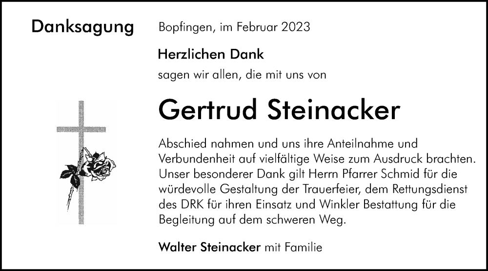  Traueranzeige für Gertrud Steinacker vom 28.02.2023 aus Schwäbische Post