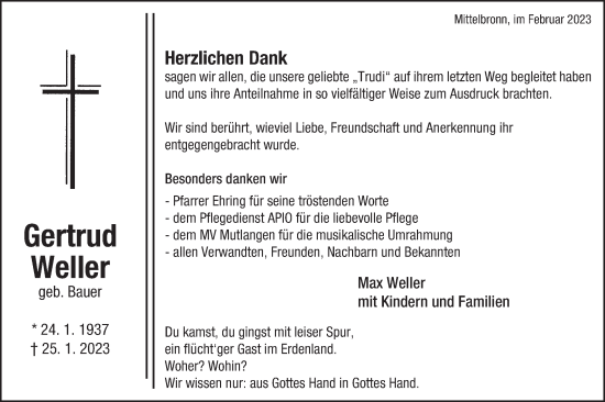 Traueranzeige von Gertrud Weller von Gmünder Tagespost