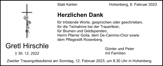 Traueranzeige von Gretl Hirschle von Schwäbische Post