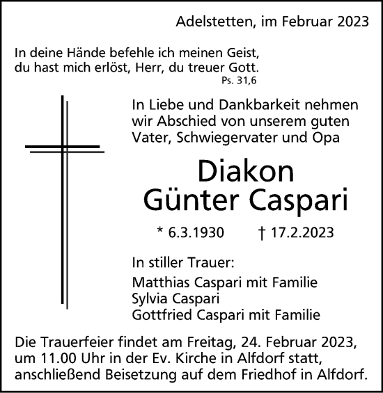 Traueranzeige von Günter Caspari von Gmünder Tagespost