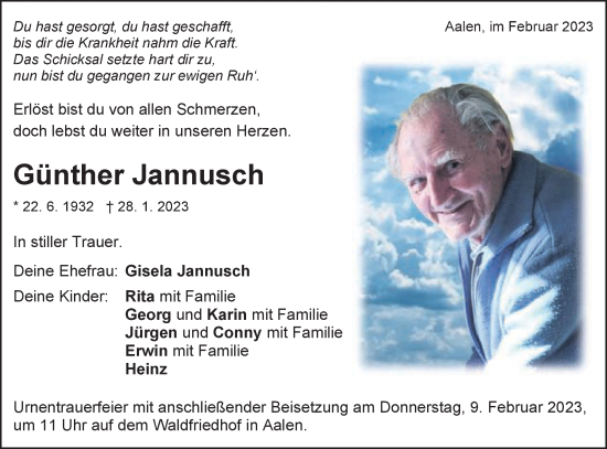 Traueranzeige von Günther Jannusch von Schwäbische Post