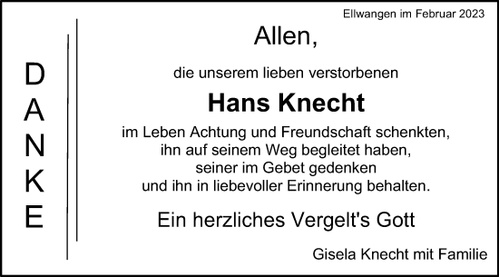 Traueranzeige von Hans Knecht von Schwäbische Post