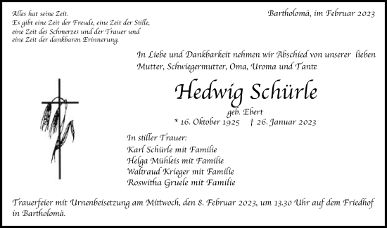 Traueranzeige von Hedwig Schürle von Gmünder Tagespost