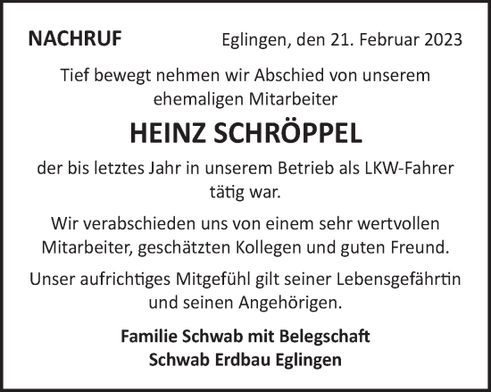 Traueranzeige von Heinz Schröppel von Schwäbische Post