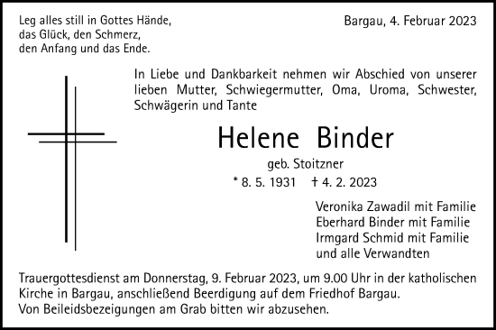 Traueranzeige von Helene Binder von Gmünder Tagespost