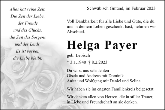 Traueranzeige von Helga Payer von Gmünder Tagespost