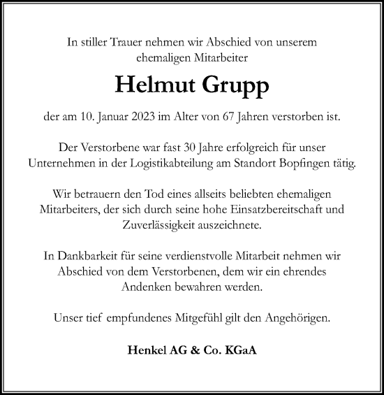 Traueranzeige von Helmut Grupp von Schwäbische Post