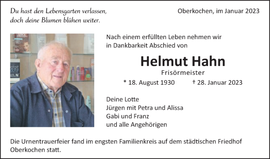 Traueranzeige von Helmut Hahn von Schwäbische Post