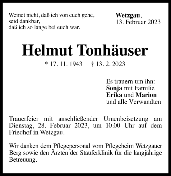 Traueranzeige von Helmut Tonhäuser von Gmünder Tagespost