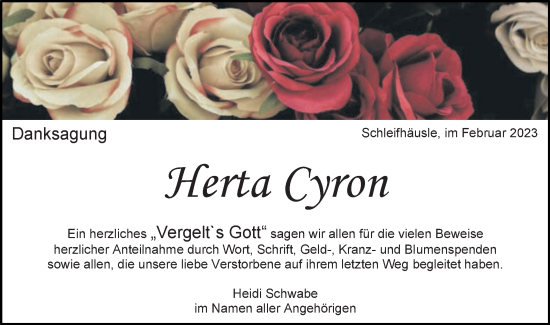 Traueranzeige von Herta Cyron von Schwäbische Post
