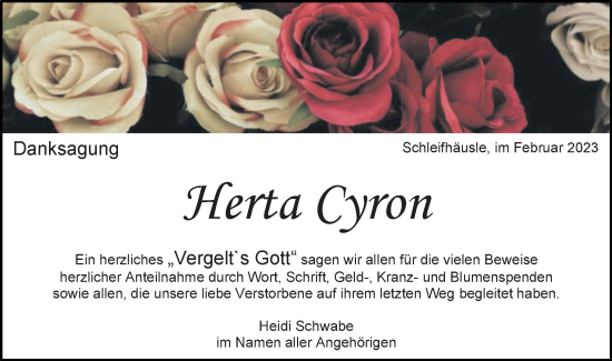 Traueranzeige von Herta Cyron