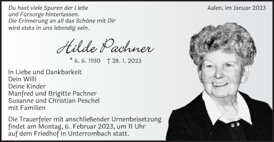 Traueranzeige von Hilde Pachner von Schwäbische Post