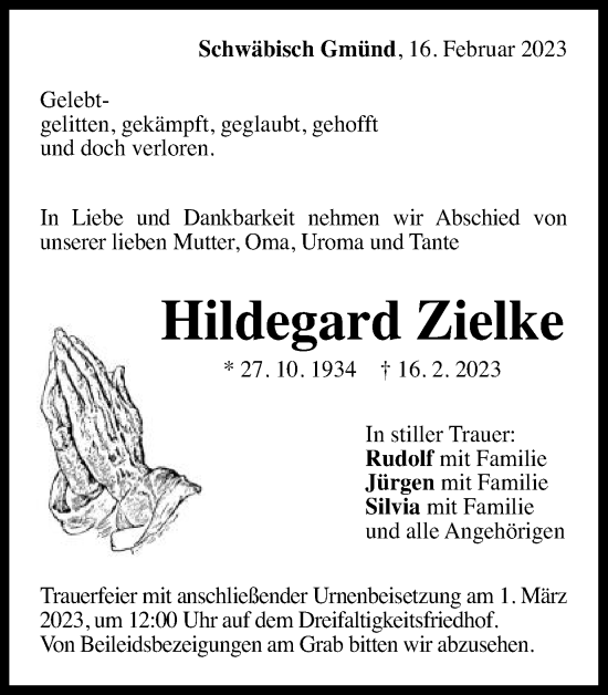 Traueranzeige von Hildegard Zielke von Gmünder Tagespost