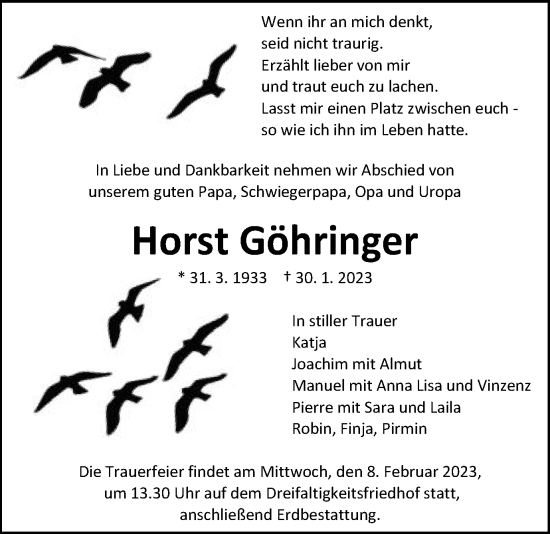Traueranzeige von Horst Göhringer von Gmünder Tagespost