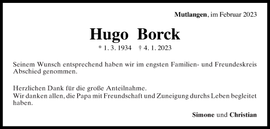 Traueranzeige von Hugo Borck von Gmünder Tagespost