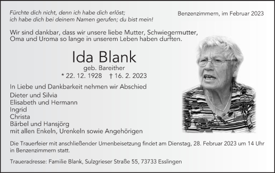 Traueranzeige von Ida Blank von Schwäbische Post