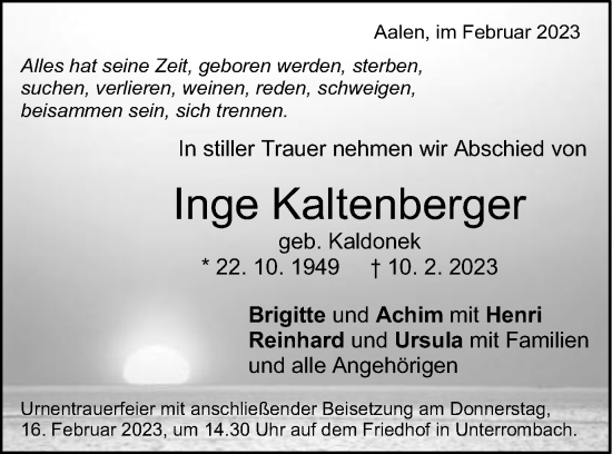 Traueranzeige von Inge Kaltenberger von Schwäbische Post