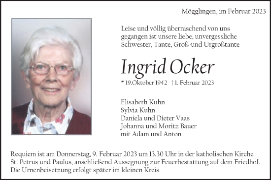 Traueranzeige von Ingrid Ocker von Gmünder Tagespost