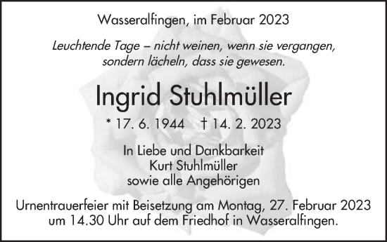 Traueranzeige von Ingrid Stuhlmüller von Schwäbische Post