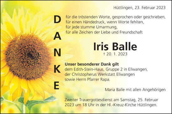 Traueranzeige von Iris Balle von Schwäbische Post