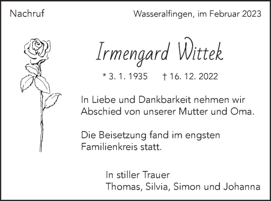 Traueranzeige von Irmengard Wittek von Schwäbische Post