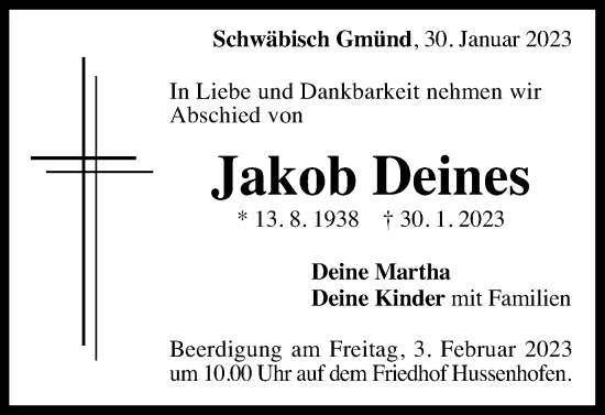 Traueranzeige von Jakob Deines von Gmünder Tagespost