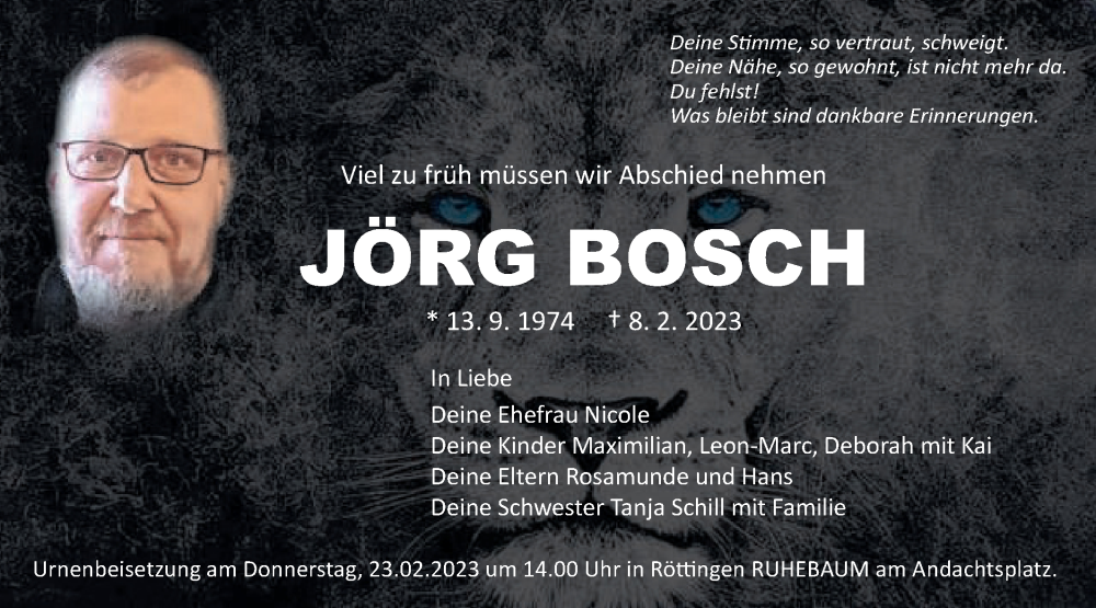  Traueranzeige für Jörg Bosch vom 11.02.2023 aus Schwäbische Post